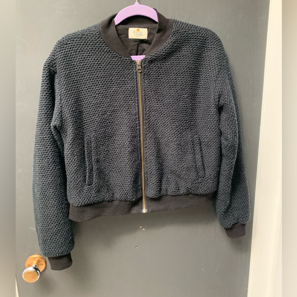 Marine Layer Navy Textured Knit Bomber Jacket
